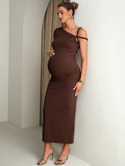 MaterniChic Maternity Clothes Maternity  Dress Brown Dress, High Elasticity And Elegance,Elegant Solid Color Asymmetric Neck Fitted Dress For Pregnant Women, Summer