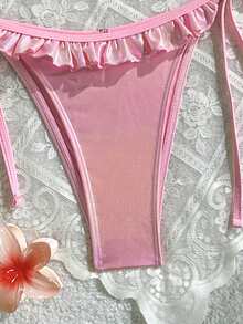 Swim Mod 女士花卉亮片荷叶边挂脖比基尼套装，夏季海滩度假 - 粉色 - 查看 4