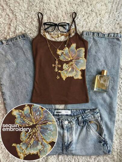 SHEIN EZwear Top tipo camisola con bordado de flores, cuentas y lentejuelas en un estilo bohemio, minimalista, elegante y romántico con un patrón floral en tonos marrón y azul, adecuado para festivales de música, atuendos de playa, vacaciones y salidas de verano