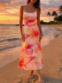 SHEIN MOD 腰部褶皱印花飘逸连衣裙 - 彩色 - 查看 3