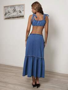 Sunnyshic Women's Casual Vacation Denim Crop Top And Mini Skirt Set - Blue - View 2