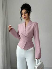 Elenzga 女士纯色系带交叉领长袖休闲通勤户外打底衫，秋冬春季 - 粉色 - 查看 4