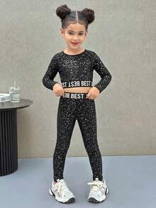 SHEIN 2pcs/Set Young Girl Letter Print Knit Crop Top And Matching Legging Outfit,Girls Sport Active Wear Set,Long Sleeve Spandex Rhinestone Set For Autumn - Black - View 4