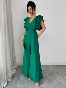 Elenzga Mono elegante y casual para mujer, de tela verde suave y cómoda, con diseño de mangas con doble capa de volantes plisados, casual y elegante, adecuado para salidas, viajes o eventos sociales, un artículo esencial en el guardarropa de la mujer - Verde - Ver 6