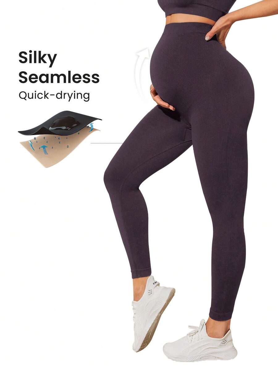 SHEIN Pantalones de chándal de cintura alta y ajustados para maternidad - Púrpura polvoriento - Ver 1