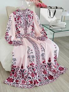 SHEIN CURVE+ Curve 尺码 US22 音乐节、海滨度假、波西米亚风女士花卉印花灯笼袖纽扣设计优雅连衣裙 - 粉色 - 查看 6