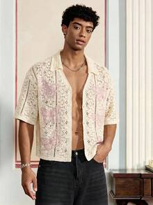 SWAVVY Men's Butterfly Pattern Hollow Button V-Neck Knit Sweater - White - View 1