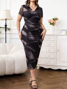 SHEIN Clasi 大码女式扎染短袖褶皱修身优雅连衣裙 - 棕色 - 查看 5