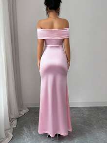 Elenzga Vestido largo elegante con hombros descubiertos y lazo para mujer - Rosa - Ver 2