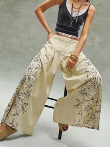 Bohemela Boho Countryside Vacation Women's Casual Wide Leg Printed Straight Leg Jeans - Khaki - View 7