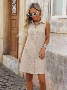 Brillora 女士休闲浪漫蕾丝拼接雪纺迷你连衣裙，适合春夏穿着 - 杏色 - 查看 11