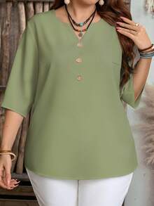 EMERY ROSE Plus Size Women's Solid Color V-Neck Casual Minimalist Short Sleeve Shirt, Suitable For Summer - Green - View 3
