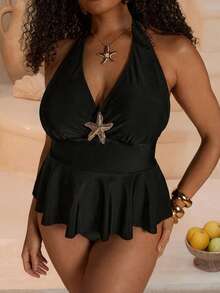SHEIN BAE Plus Size Tank Top Swimwear Set, Black With Ruffles, Perfect For Beach Vacations And Swimming. Beach Outfits For Women Metal Starfish - Black - View 8