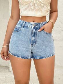 Rivivi 刺绣褶皱水洗休闲百搭牛仔短裤 - 淺色水洗藍 - 查看 5