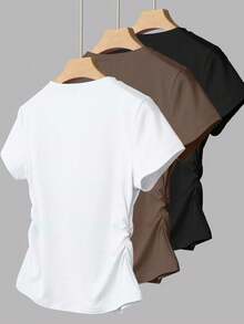 INAWLY 3件套女士夏季上衣，黑、白、棕三色组合，适合办公和休闲场合，运动风格，修身腰部T恤，蝴蝶印花图案 - 彩色 - 查看 2