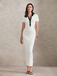 Briarwyn 女士撞色纽扣半开襟短袖修身针织连衣裙 - 白色 - 查看 6