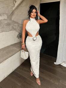 SHEIN SXY 女士性感3D立体花卉露背吊带连衣裙，夏季 - 白色 - 查看 4