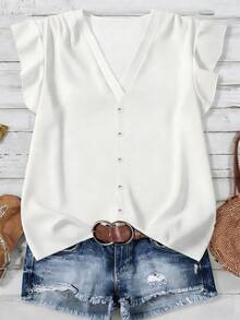 EMERY ROSE Women's Spring/Summer New Arrival Ruffle Sleeve V-Neck T-Shirt - White - View 1