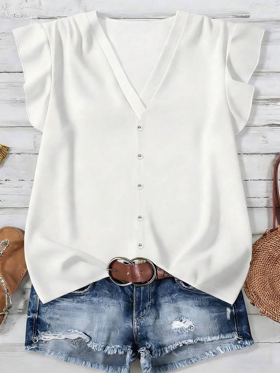 EMERY ROSE Women's Spring/Summer New Arrival Ruffle Sleeve V-Neck T-Shirt - White - View 1