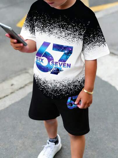 2pcs/Set Tween BoysRound Neck Short Sleeve T-Shirt And Shorts With Pockets Set