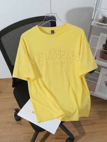 SHEIN EZwear 宽松休闲极简主义英文文字压纹图案圆领短袖T恤，黄色 - 黃色 - 查看 7