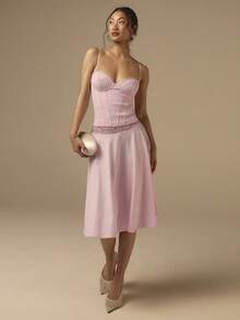 2pcs Lace Patchwork Knit Camisole And Skirt Set, Wedding Guest Outfit, Suitable For Small Bust Women, Pink Ladies 2-Piece Set, Date Outfit - Pink - View 3