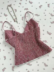 Elamini 女士格子印花撞色滚边休闲吊带衬衫 - 彩色 - 查看 2