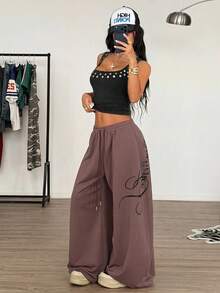 Muchica 棕色字母印花针织女式阔腿运动裤 - 棕色 - 查看 5