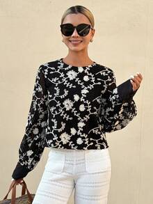 DAZY Lace Petal Sleeve Sheer Blouse, Elegant Loose Fit Versatile Luxury Shirt For Women, Spring/Summer - Black - View 6