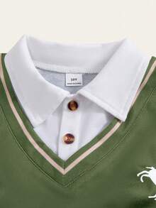 Casuvi Kids 两件套男童海军蓝 Polo 领二合一刺绣条纹衬衫搭配卡其色直筒裤套装，适合日常穿着、复古校园风、运动街头风、返校季、春秋季男童休闲两件套，男童套装，儿童休闲套装，儿童男童休闲套装，男童套装 - 綠色 - 查看 6