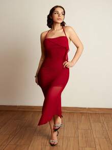 Lupita Cardoza Damen Asymmetrischer Kragen Kreuzträger Slim Fit Fischhalsausschnitt Rotes Partykleid - Bordeaux - Übersicht 6
