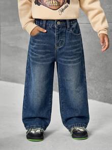 Young Boy Casual Versatile Pockets Loose Fit Denim Pants - Dark Wash - View 1