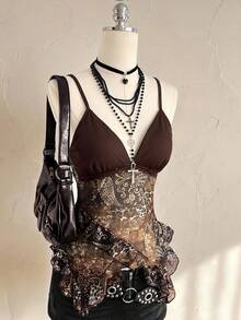 Attitoon 女士复古佩斯利印花撞色拼接不对称下摆可爱性感上衣 - 摩卡棕 - 查看 3