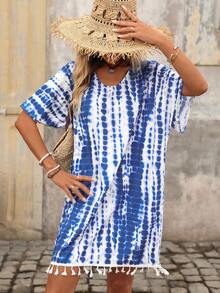 Brillora Áo khoác ngoài nữ kiểu dáng thường ngày, in họa tiết tie-dye, có tua rua ở gấu áo. - Màu xanh hải quân - Xem 6