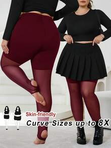 SHEIN CURVE+ 大码女装/秋季女装/冬季女装/冬季女装大码女装，连体袜，黑色大码打底裤，防滑高筒打底裤，黑色网眼拼接打底裤，适合日常休闲穿着，简约时尚，春夏女装，秋季女装，冬季，大码 - 酒紅色 - 查看 10