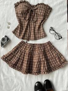 Attitoon Women's Plaid Pattern Ruffle Hem Elastic Waist Cute A-Line Skirt - Coffee Brown - View 1