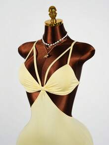 SaltGleam SaltGleam Sexy Hollow Cross Backless Strap Summer Vacation Slip Dress - Yellow - View 4