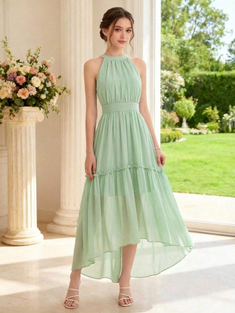 Pitira 儿童青少年女孩派对礼服，绿色，露背，荷叶边，收腰，魅力连衣裙，优雅，适合派对、婚礼季、节日、情人节、花童/伴娘礼服。优雅绿色连衣裙，青少年浅绿色连衣裙，青少年夏季户外连衣裙，鼠尾草绿连衣裙，女孩花园派对连衣裙，优雅青少年夏季连衣裙，高低摆露背连衣裙，长裙，长款连衣裙，鼠尾草绿连衣裙，青少年舞会礼服，优雅派对连衣裙，青少年女孩连衣裙，粉绿色连衣裙，高低摆连衣裙 - 綠色 - 查看 1