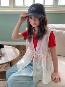 Dazy Kids Tween Girls' Summer Casual Solid Color Floral Embroidery Sleeveless Blouse - Apricot - View 6