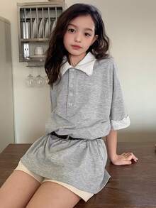 DAZY Áo thun nữ tuổi teen cổ phối màu tương phản, cài cúc nửa vạt, vai rớt, kiểu dáng thường ngày. - Xám - Xem 7