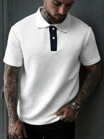 Manfinity CasualCool Camisa polo de hombre con cuello de contraste y estampado jacquard geométrico 3D, de manga corta y casual