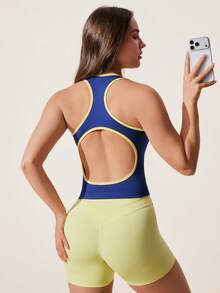 SHEIN Sovereign Charm Contrast Color Trim Hollow Back Seamless Sports Tank Top - Navy Blue - View 2