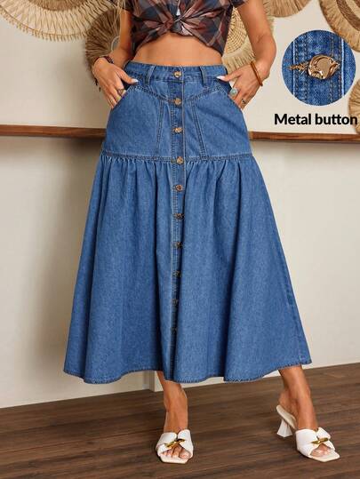 Breezaya Women's Elegant Loose Oversized Flared Ruched Waist Slimming Gold Button Denim A-Line Skirt