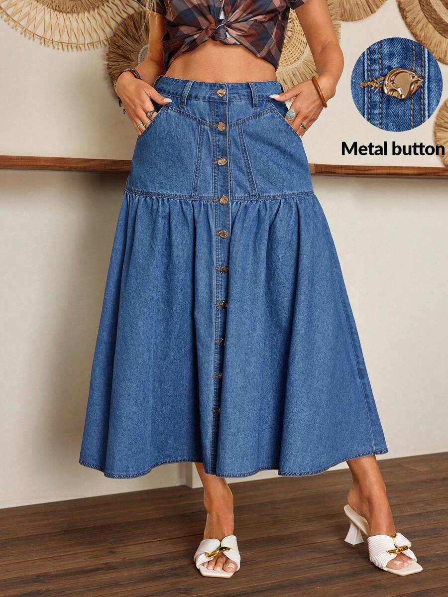 Breezaya Falda vaquera de línea A con botones dorados, cintura fruncida, holgada y elegante para mujer - Azul lavado medio - Ver 1