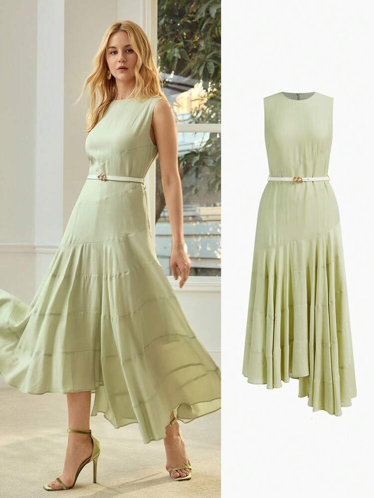 VESTIDO FEMININO VERDE PATCHWORK SEM MANGAS COM BAINHA ASSIMÉTRICA E CINTO