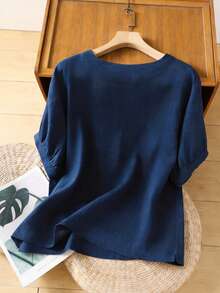 Franclia 女士休闲衬衫，圆领衬衫，藏蓝色衬衫，夏季套头衬衫，刺绣衬衫，碎花衬衫 - 藏蓝色 - 查看 5