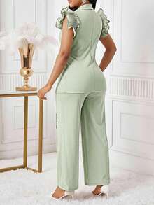 SHEIN Lady Conjunto de traje de mujer con blazer de manga con volantes rosa y pantalones elásticos de cintura alta para otoño/invierno - verde menta - Ver 2