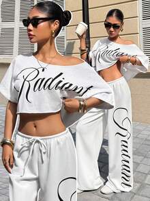 Muchica 女士休闲字母印花套装 - 白色 - 查看 3