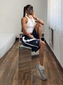 Muchica 蓝色网眼女士休闲阔腿短裤 - 藏蓝色 - 查看 3