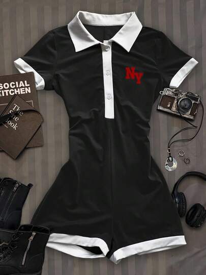 Attitoon Lässiger minimalistischer College-Stil Polokragen Kontrastfarbe Schwarz & Weiß, NY Rote Buchstaben Platzierung Druckmuster Damen Jumpsuit, geeignet für den frühen Herbst, vielseitiger Stil, Vintage Retro Stil, sexy Stil, süß, Y2K Kokos Mädchen Boho Hippie Stil, Musikfestival, geeignet für den Frühling